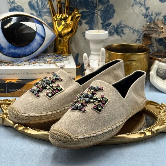 🆕 TORY BURCH 🧿 NWOB Ines Linen & Leather Bejewelled Espadrilles - Sz 10 M - Picture 10 of 13